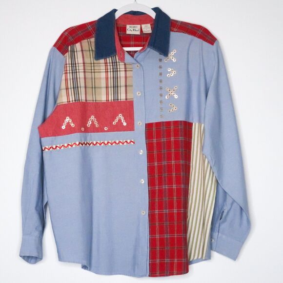 Koret Womens VTG Button Up Size Large Cotton Blue Red‎ Art to Wear 90s Patchwork - Picture 1 of 8